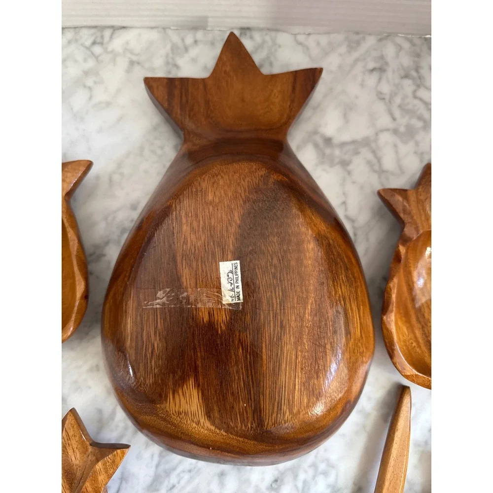 Vintage Pineapple Wood Salad Bowl Set 6pc Mid Century Tropical Tiki Philippines